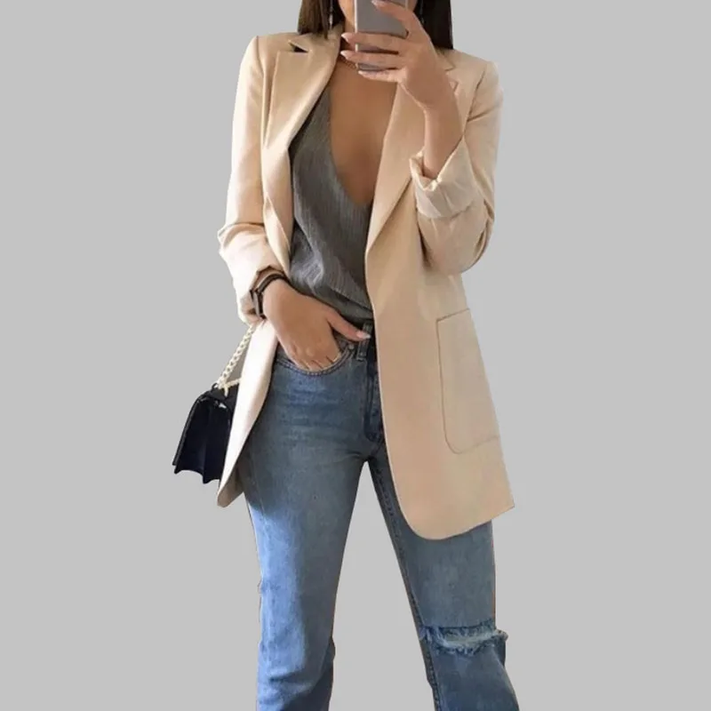 Женский костюм модный лацкан Тонкий кардиган женский средней длины Женское