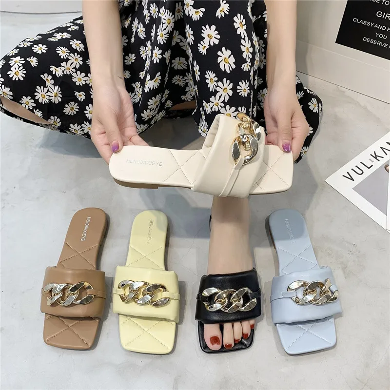 

Rivet Shallow Shoes Loafers Slippers Flat Slides Slipers Women 2021 Soft Summer Concise PU Basic Metal Decoration Casual