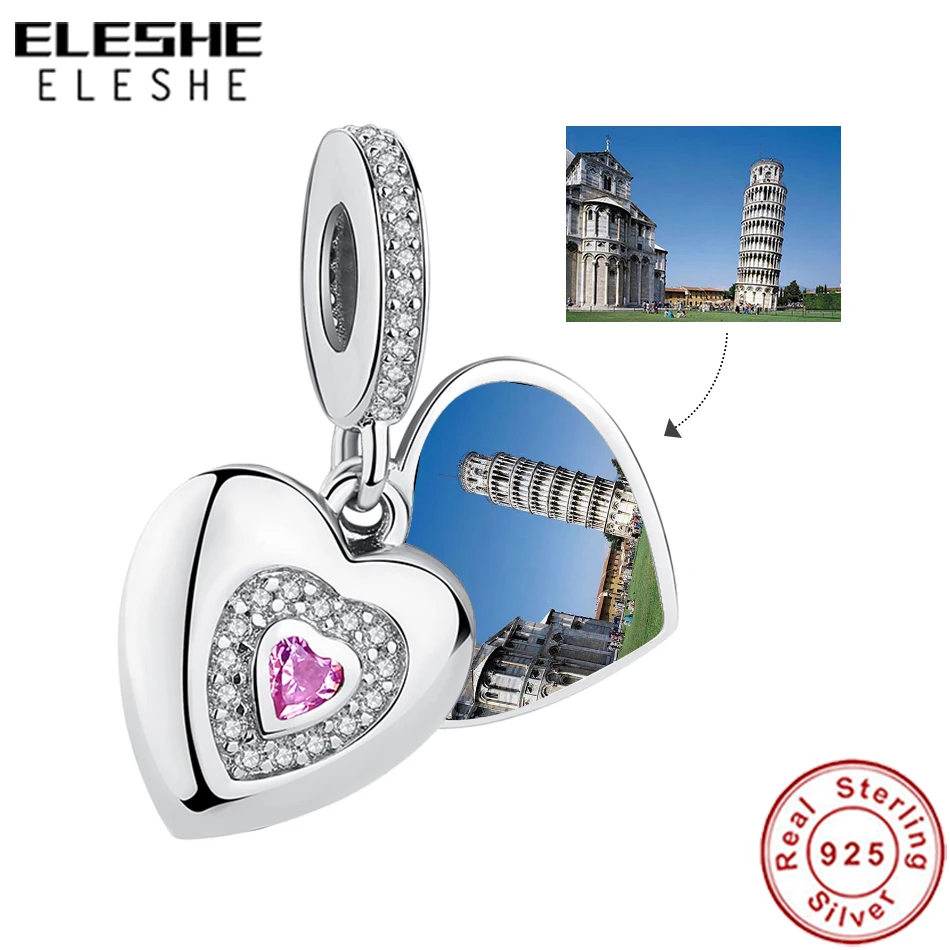 

ELESHE 925 Sterling Silver Famous Landmark Leaning Tower of Pisa Bead Photo Custom Charm Fit Original Bracelet DIY Jewelry Gift