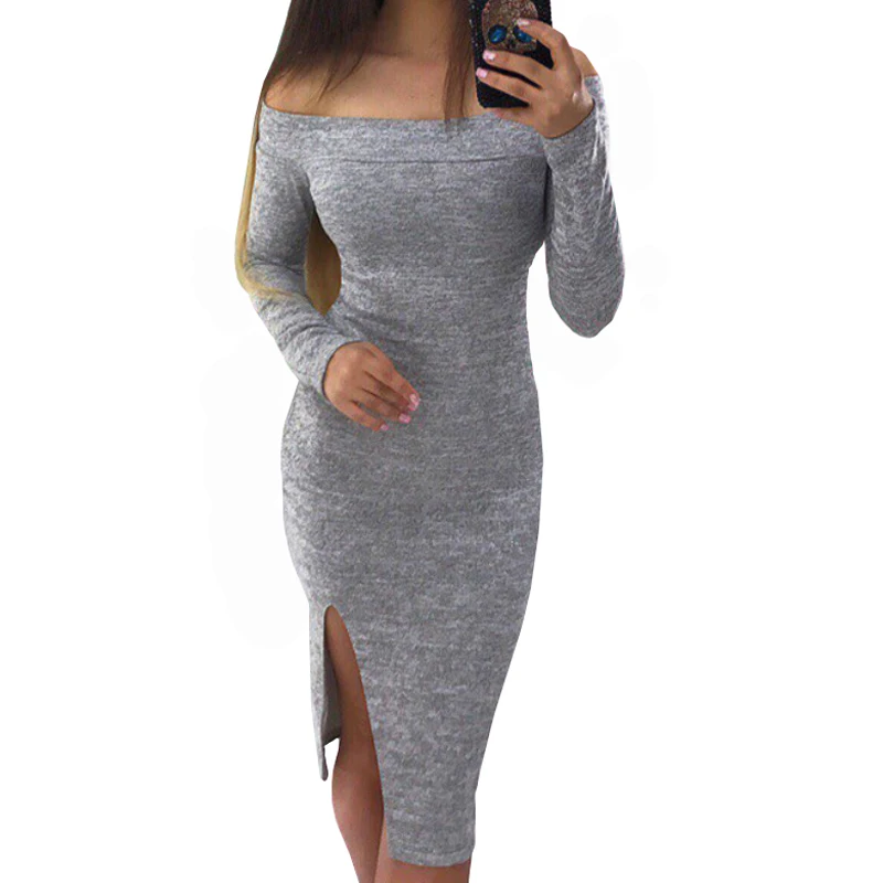 

Solid Women Dress Slash Neck Slim Robe Dresses Autumn Winter Dress Side Split Bodycon Sexy Party Dress Femme Jumper GV079