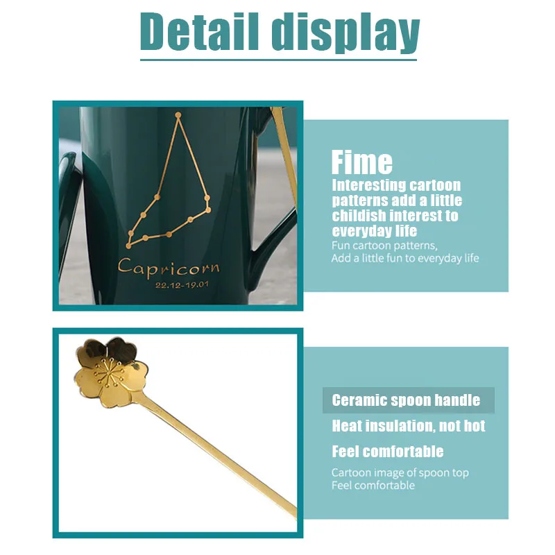 

12 Constellation Ceramic Mugss Creative Mugs with Spoon Lid Green and Gold Porcelain Couple Coffee Cup Drinkware