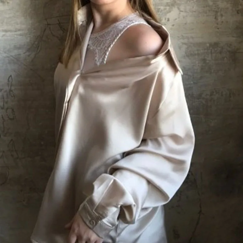 Весенние женские модные из атласа с длинным рукавом Блузка Винтаж Femme V образным