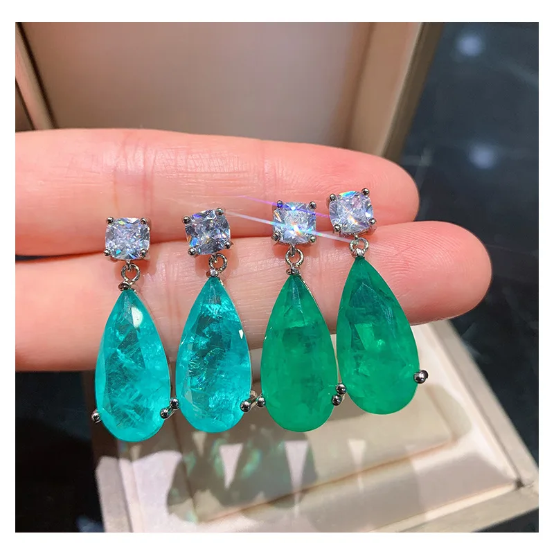 

Shipei 10*20 MM 925 Sterling Silver Emerald Paraiba Tourmaline Gemstone Luxury Drop Dangle Earrings Studs Party Fine Jewelry