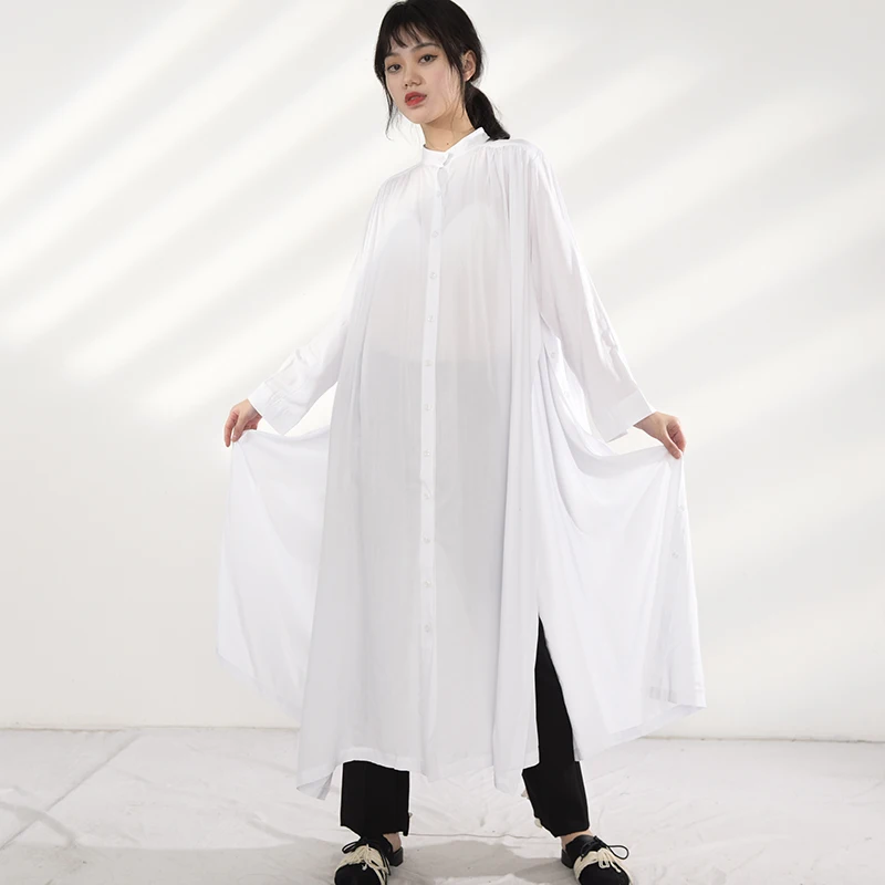 

[EAM] Women White Long Button Big Size Blouse New Stand Collar Long Sleeve Loose Fit Shirt Fashion Spring Autumn 2021 K46500