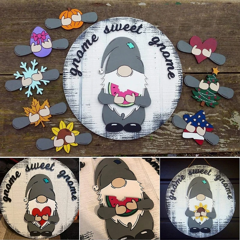 

Wooden Sweet Gnome Door Hanger Decorative Plaque with Interchangeable Signs Hanging Front Porch