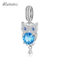 Metiseko 925 Sterling Silver Pendant Clear Blue Cubic Zirconia Owl Charm for Women Jewelry Bracelet & Necklace DIY Accessory