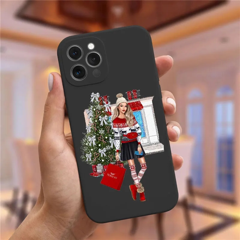 Christmas girl black Soft Phone Case For iPhone 14 Pro Max 13 11 12 Pro Max XS Max XR 8 7 Plus Christmas and New Year gift Cover