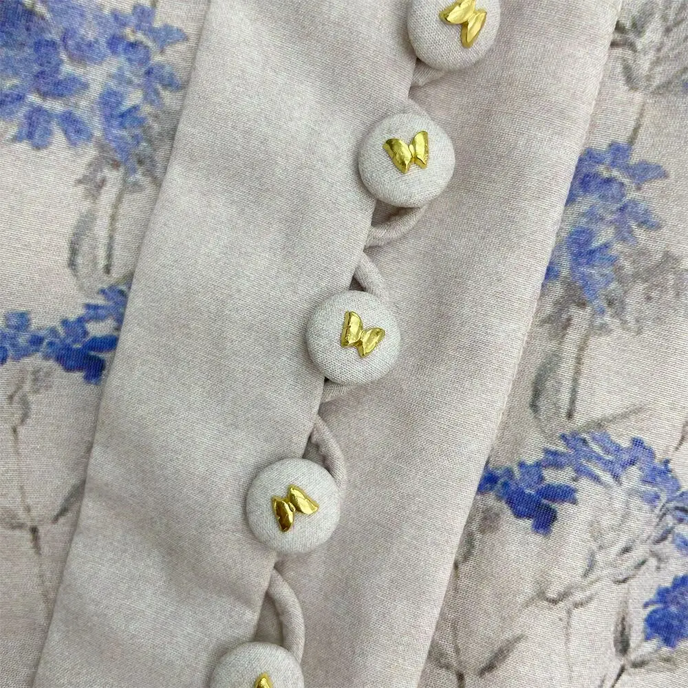 

Women Luxurious Dress Long Sleeve Turtleneck Butterfly Button Flower Printed Silk and Cotton Pleated Mini Dress