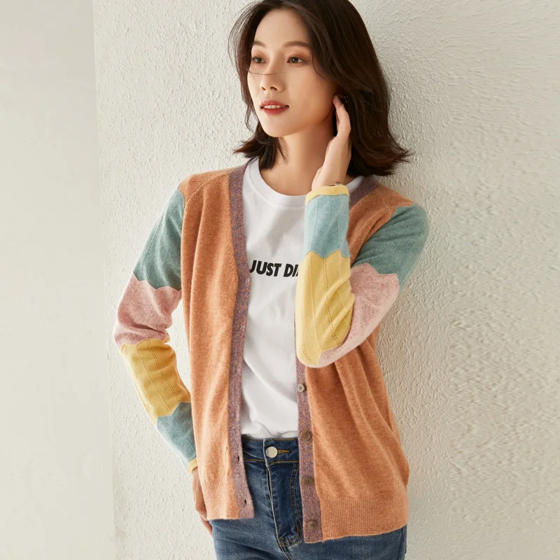 

LHZSYY 2020 Autumn New Style 100%Wool All-match Women's Knitted V-Neck Plus Size Sweater Cashmere Outer Korean Coat Contrast Top