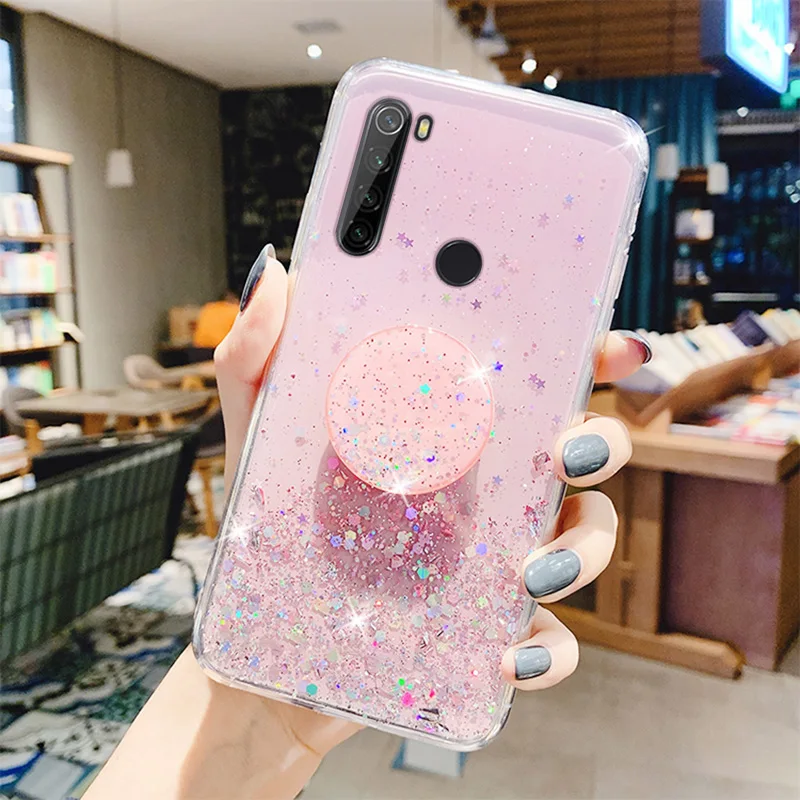 silver foil phone holder case for redmi note 9 9s 8 8t 7 6 5 pro 4 4x 5 9a 9c 8a 7a 6a 5a 10x glitter soft silicone stand cover free global shipping