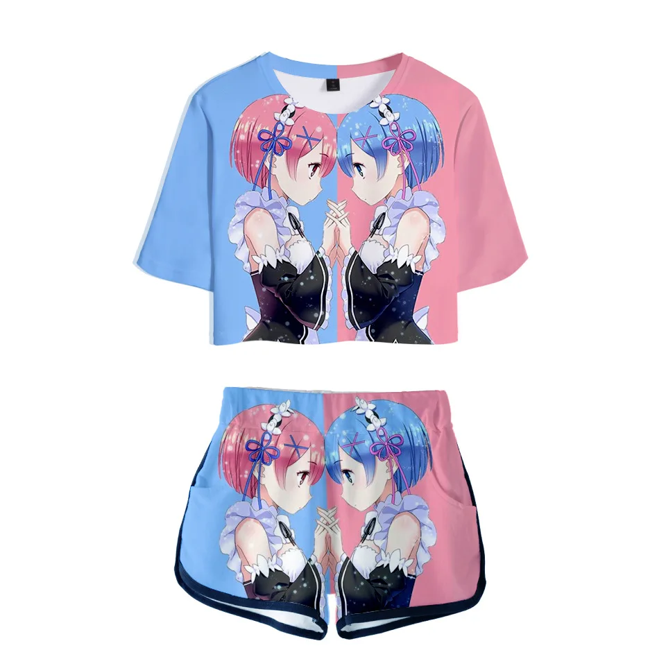 

Two Piece Set Crop Top and Shorts Ladies Tracksuit Rem Ram Cosplay Costume Hot Anime Re:life in a Different World from Zero 3D