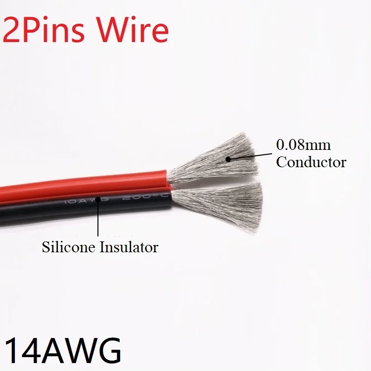 

Silicone Rubber 2pins Wire 14AWG Extra Soft Insulated Double Core High Temperature Electric Cable Copper LED Lamp Line Black Red