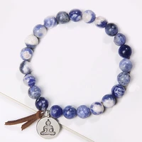 trendy buddha tag charm natural stones bracelet blue sodalite gem stone bracelets jewelry for women men pray health wholesale