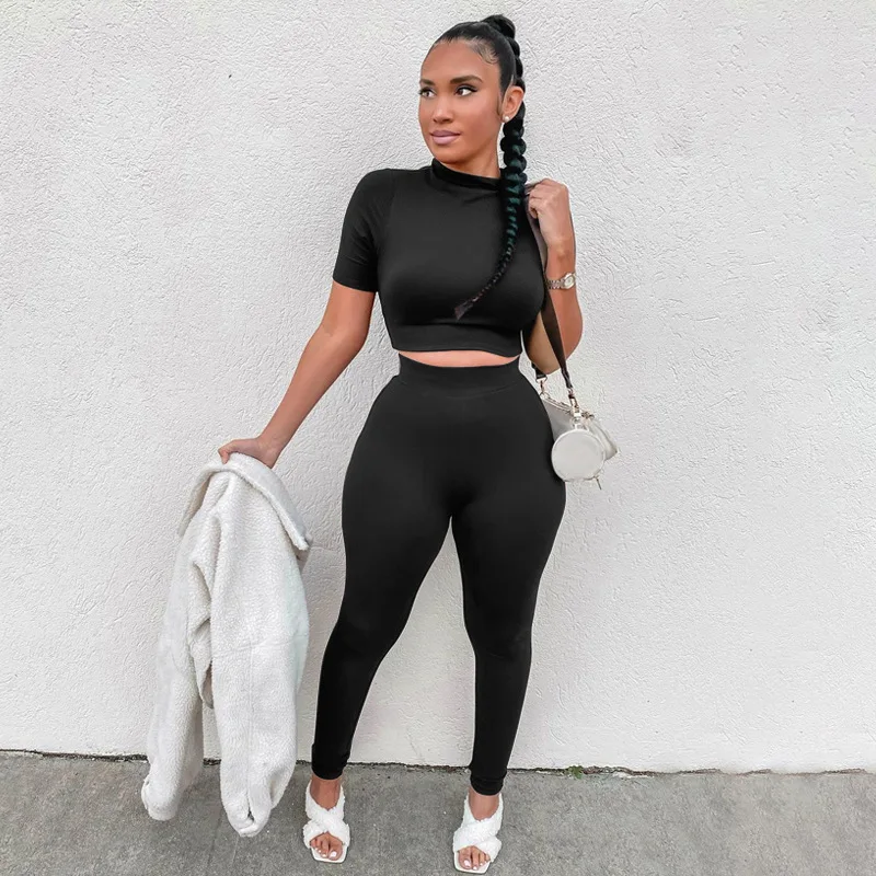 

Casual Two Piece Sets Women's Tracksuits Solid Pullover Short Sleeve O-Neck Crop Top and Skinny Pants Outfits Matching Sets 2021
