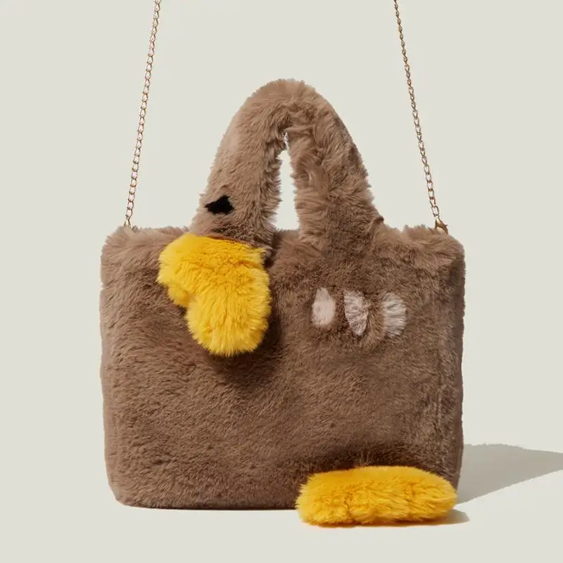 

Cute Duck Soft Plush Tote for Women Faux Fur Handbags Retro Chain Shoulder Crossbody Bag Ladies Winter Messenger Bags 2021 New