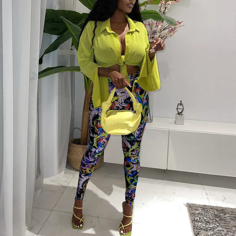 

New Trendy Sexy 2 Piece Set Spring Autumn Women Long Sleeve Solid Shirt & Printed Pencil Pants Sets Outfits Tight Fashion