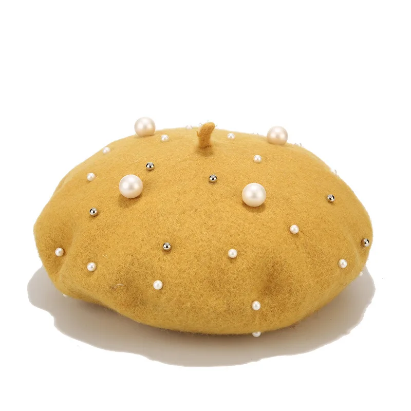 

100% Wool Women Girl Beret French Artist Warm Winter Beanie Hat Cap Elegant Lady Beading Elegant Berets Vintage Plain Hats