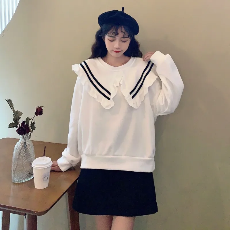 

Autumn New Japanese Women Hoodies Tender Sweet Doll Collar Waveselvedge Long Sleeve Pullover Teen Girl Sweatshirt Student Tops
