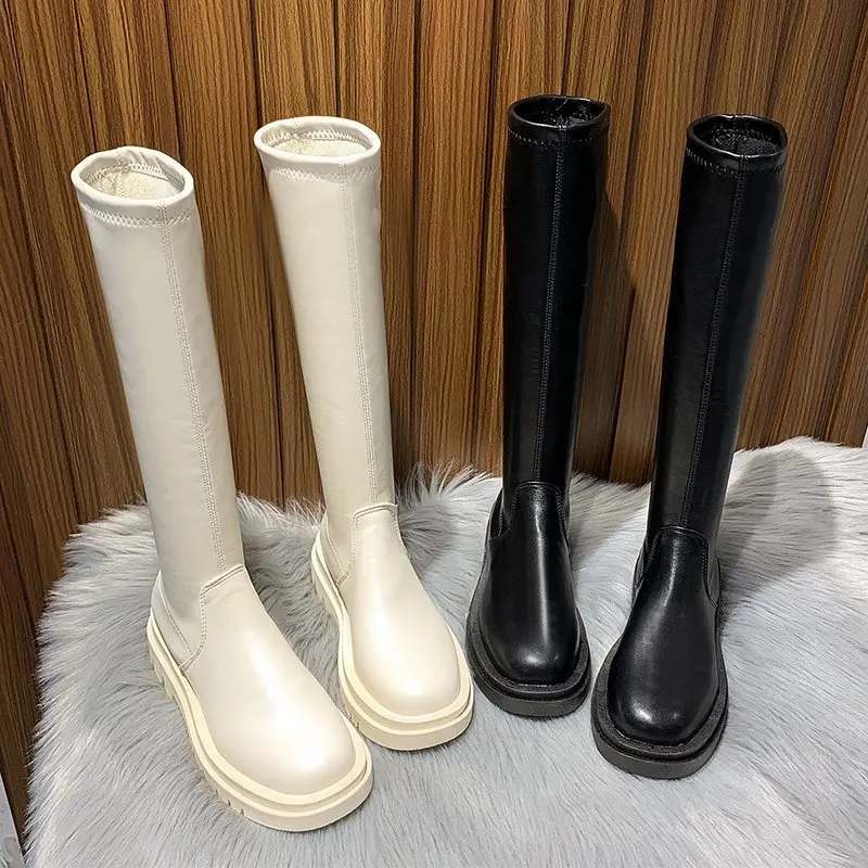 

Женские сапоги до колена на платформе, повседневные сапоги из искусственной кожи на толстом высоком каблуке, без застежки, обувь на блочном ...