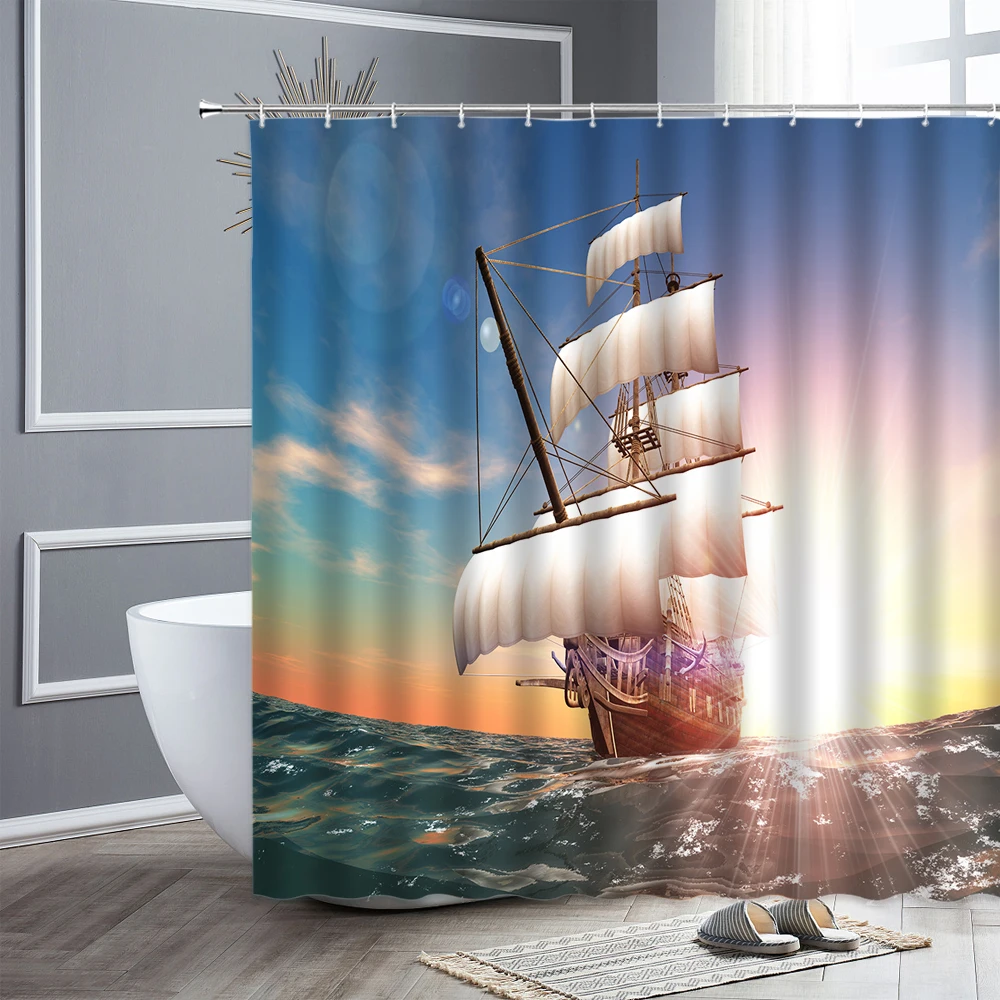 

Aircraft Printing Shower Curtains Ocean Boat Snow Mountain Landscape Waterproof Home Bathroom Curtain Bathtub Decor Bath Screen