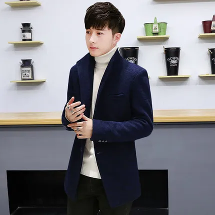 navy blue Осень Корейский мужской шерстяной тренчкот модный брендовый тонкий отложной воротник флисовая подкладка куртки размера плюс 5XL теплая верхняя одежда - Цвет: navy blue