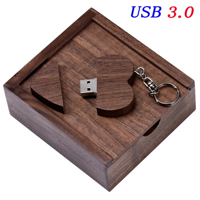 JASTER USB 3.0 wooden Heart-shaped usb+box pendrive 4GB 8GB 16GB 32GB 64GB 128GB usb flash drive External storage memory stick - Цвет: Walnut wood box