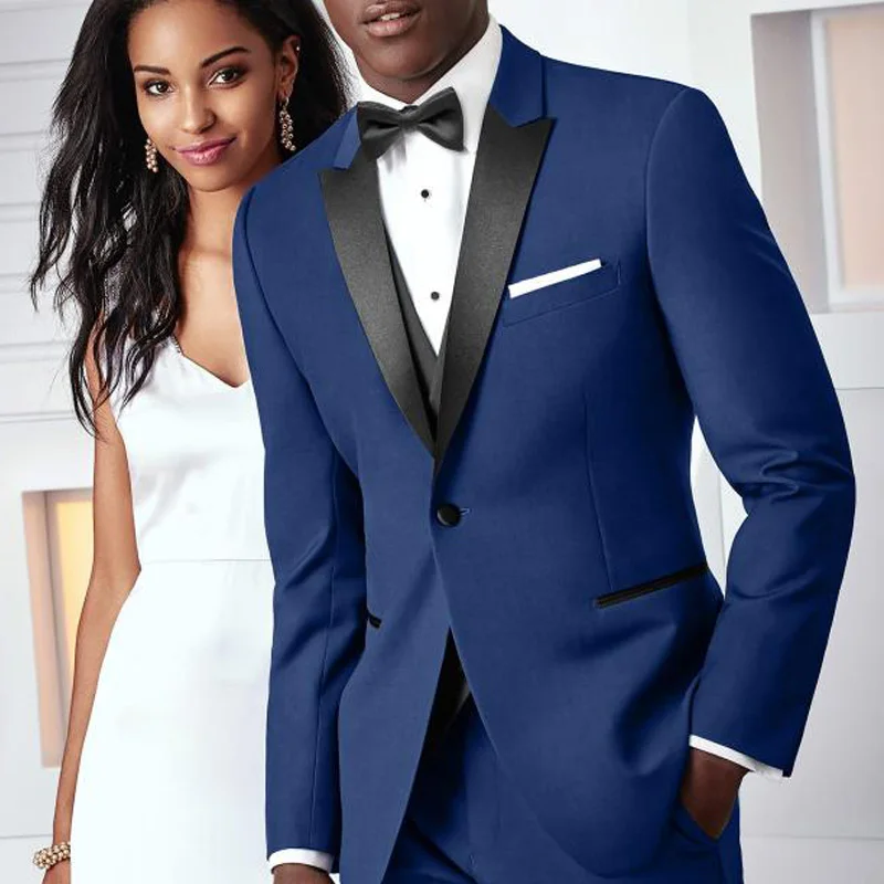 

Мужские смокинги для жениха, темно-синие свадебные смокинги для жениха, мужская одежда с черным заостренным лацканом, деловые костюмы из 3 п...