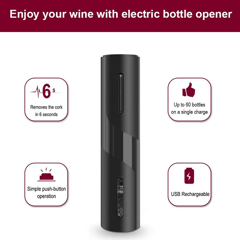 Electric Wine Opener Rechargeable Automatic Corkscrew Bottle with Foil Cutter &amp USB Charging Cable Suit for Home Us | Дом и сад