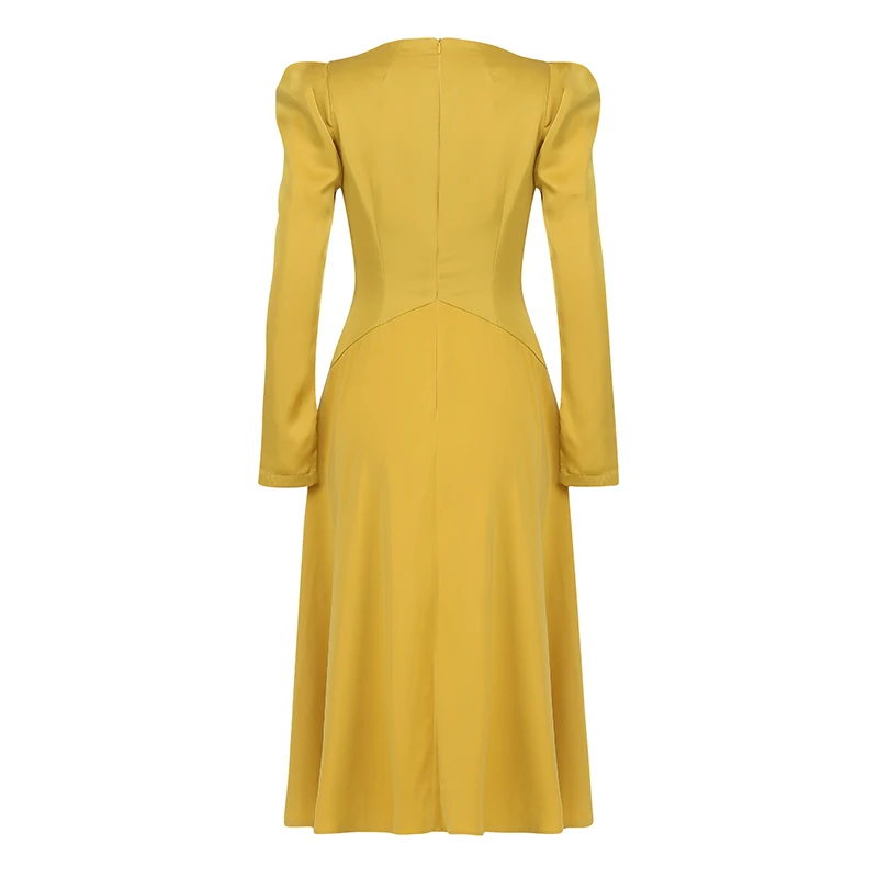 

Max Spri 2019 New Fashion V-neck Button High Waist Ruched Long Sleeve A Line Slim Mid-length Dress Youthful Women Outing Wear