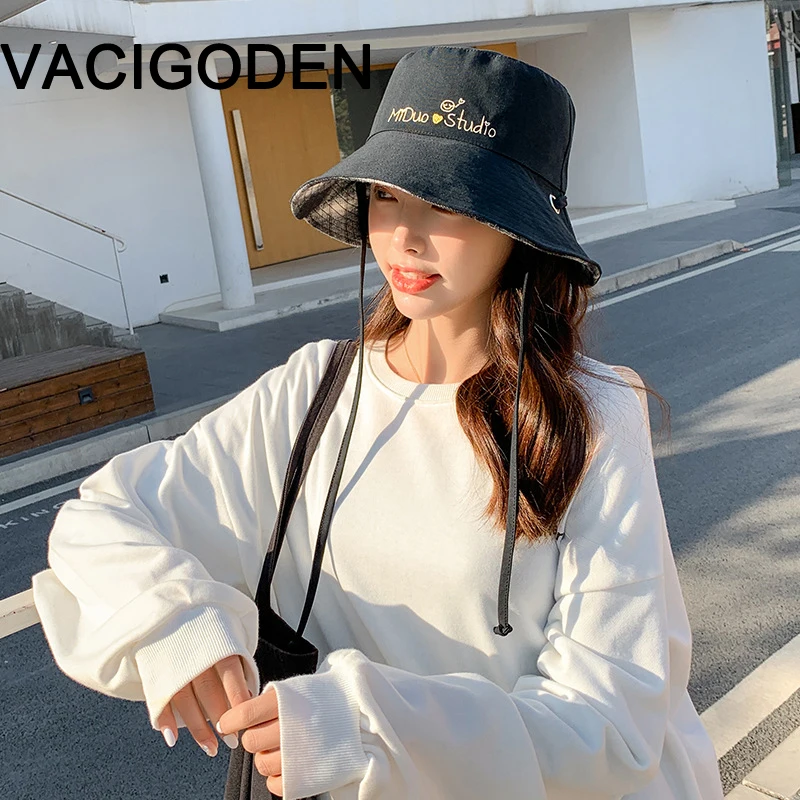 

VACIGODEN Women Fashion Bucket Hat Letter Embroidered Sunbonnet Fedoras Outdoor Chapeau Fisherman Caps De Pescador Gorros
