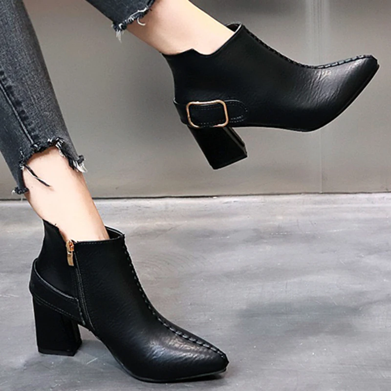 

Yellow Leather Ankle Boots for Women Fashion Buckle Pointed Toe Zapatos De Mujer Waterproof Square Heels Shoes Woman