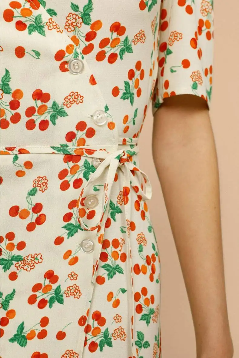 

Women's Cherry Print Wrap Dress V-neck Short Sleeve Lace-up Split Side Buttons Holiday Style Ladies Midi Robe