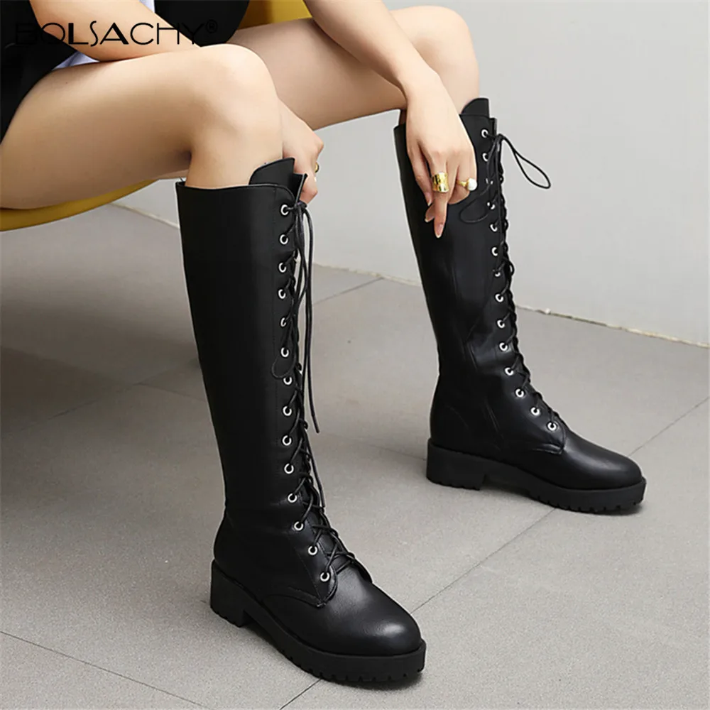 

2021 Hot Sale Autumn Winter Lacing Knee High Boots Women Fashion Black Square Heel Ladies PU Leather Zip Shoes Large Size 33-43