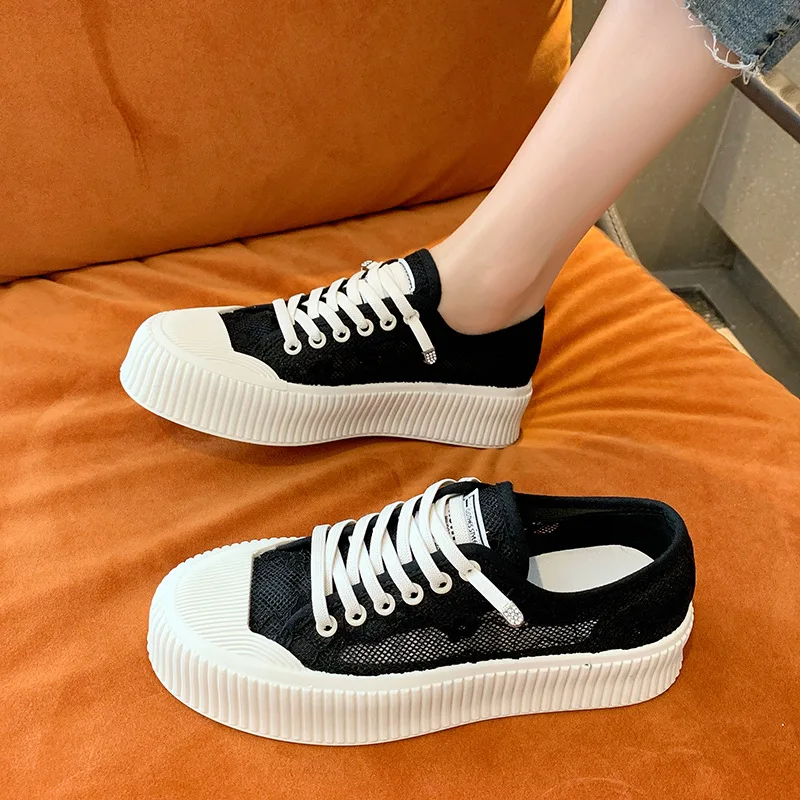 

2021 Women Lace Hollow Sneakers Ladies Vulcanize Fisher Shoes Sport Breathable Flat Ballet Retro Light Sandalias Planas Verano