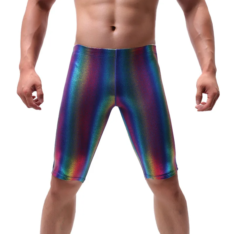 Men Long Johns Male Sexy Elastic Fitness Shorts Pants Men Underwear Striped Shinning Homme Male Gauze Nightclub Stage Costume
