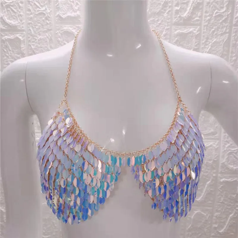 FestivalQueen, Boho, сексуальные, ручная работа, грудь, накидка, топ, модные, Преувеличенные, рыбья чешуя, с блестками, вечерние, Клубные, кроп-топы