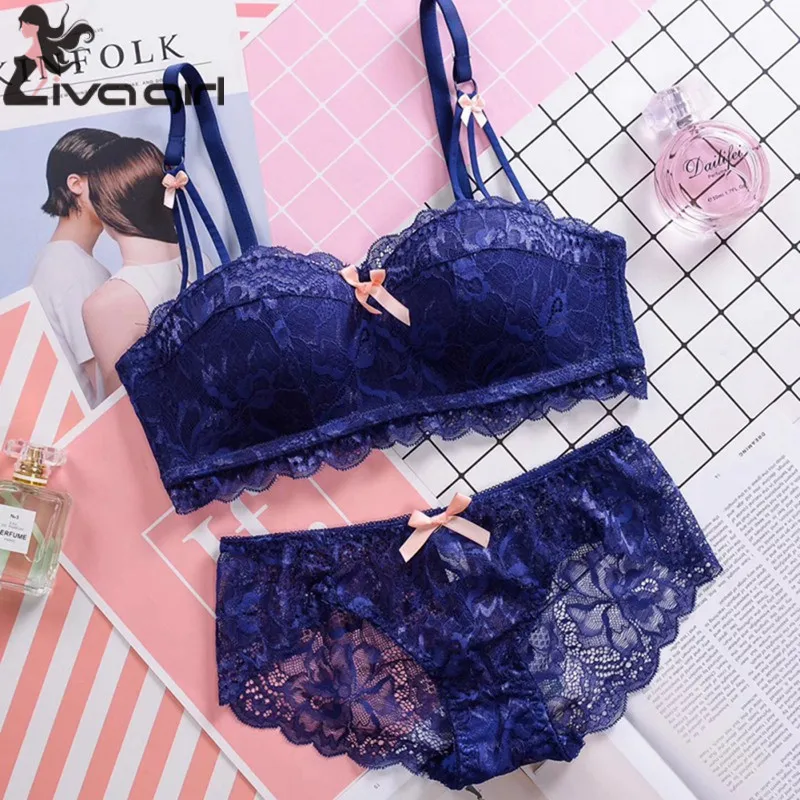 

Women Sexy Bra Set Push Up Seamless Bow Lace Wire Free Comfortable Lingerie Set Gathering Solid Color Bra Panties Underwear Set