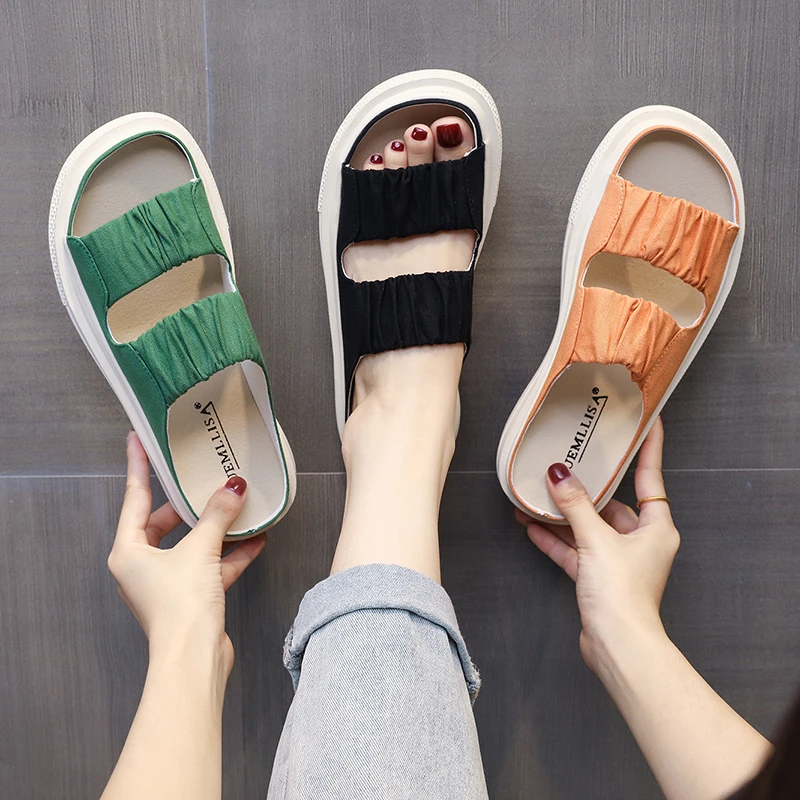 

New Summer Women Canvas Slippers Casual Solid Color Female Platform Slides Fashion Outdoor Ladies Beach Sandals Shoe Black PW173