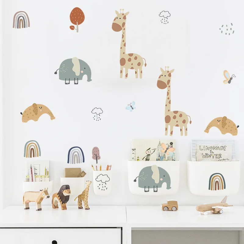 Cartoon Animals Wall Stickers For Baby Kids room Children Bedroom Decor Giraffe Elephant Decals Home Wallpapers | Дом и сад