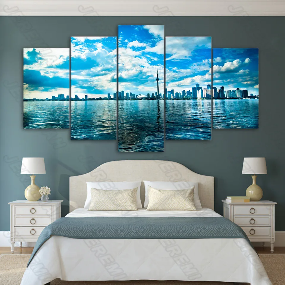 

Blue Sky and White Clouds House Water Poster Nordic Style Wall Art Canvas Print Painting Modern Living Room Decoration