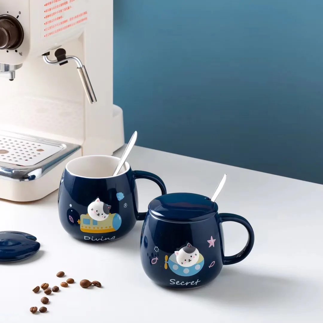 

"Space Cat" Cute Kawaii Ceramic Mugs Cups with Lid Spoon Tea Coffee Children Girls Boys Milk School Drinkware