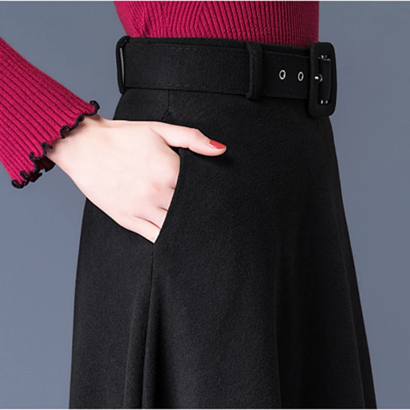 

A-Line Solid Thicken Elegant Vintage Mid Wool Skirt Khaki New 2020 Autumn Winter Women's Skirts With Belt Casual High Waist