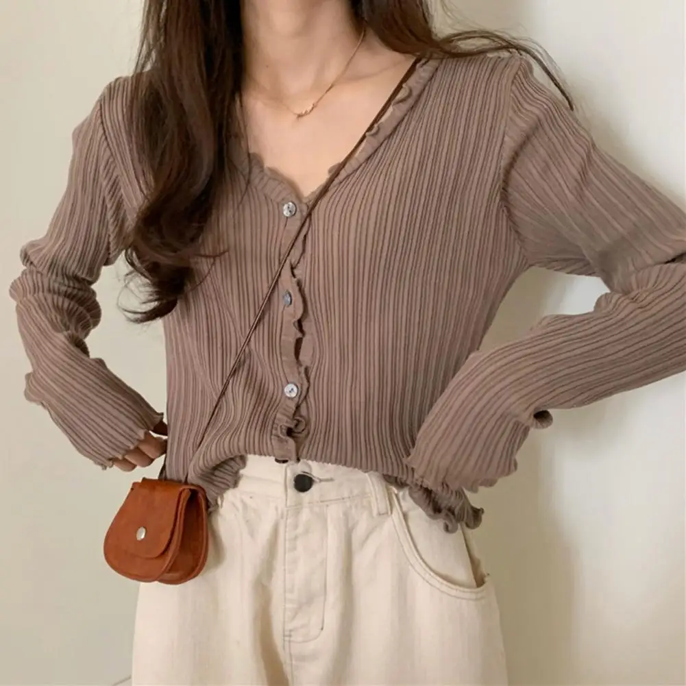 

Women Knitting Sun Protection Cardigan V Neck Long Sleeve Slim Blouse Crop Top 2021