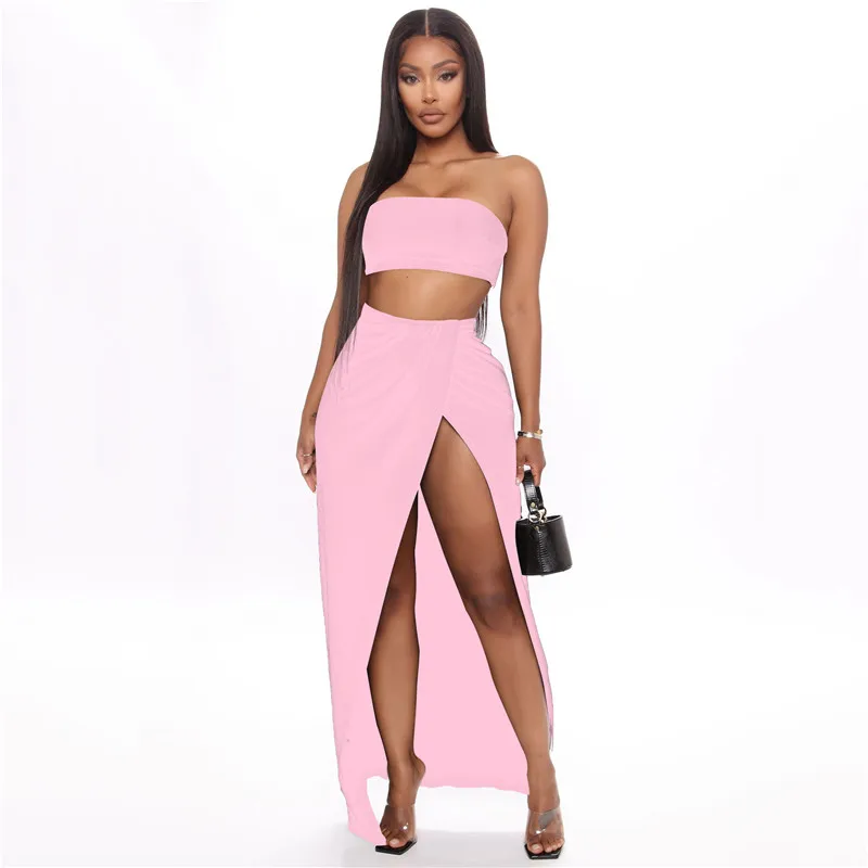 

2021 Summer Strapless Sexy Folds Women Two Piece Skirt Set Solid Asymmetrical Long High Split Skirt Fashion Skirt Suit