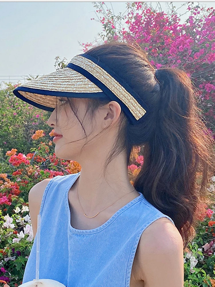 

Wide Brim Shell Hats for Women Empty Top Sun Hat Anti-UV Straw Summer Hat Outdoor Sunscreen Beach Caps Edge Binding Headwear