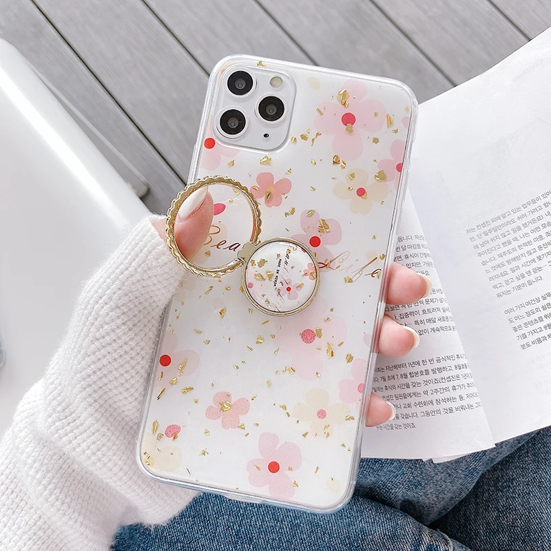 

Glitter geometric flowers case for iphone 11 11pro 11promax with finger ring soft tpu Kickstand back cover cases for girls
