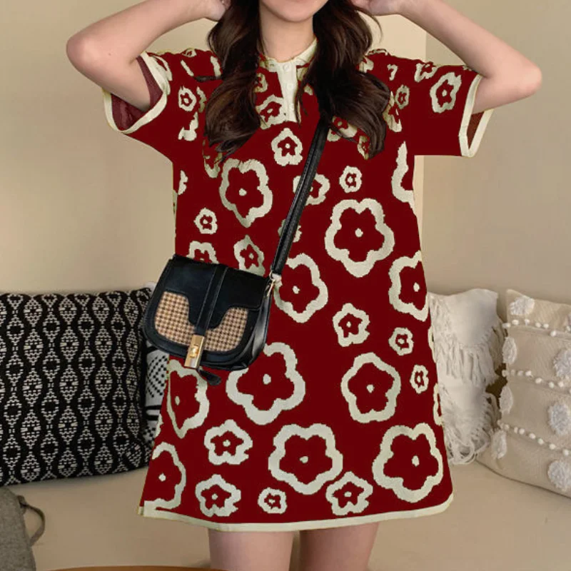 

HOUZHOU Floral Dress Women Black T-shirt Dresses Elegant Casual Knitted Short Sleeve Loose Plus Size Ladies Vintage Sundress