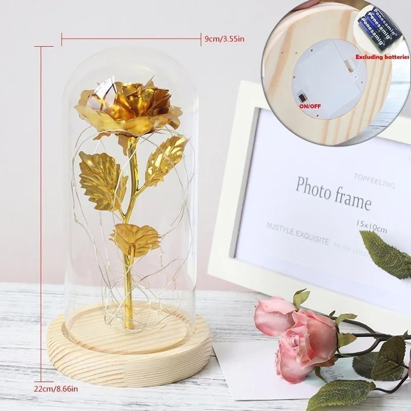 

7Colour Beauty and The Beast Red Rose In A Glass Dome on A Wooden Base for Valentine's Gifts LED Rose Lamps Christmas