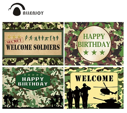 

Allenjoy Welcome Soldiers Photography Backdrop Birthday Camouflage Military Doll Aircraft Tank Background Photophone Photocall