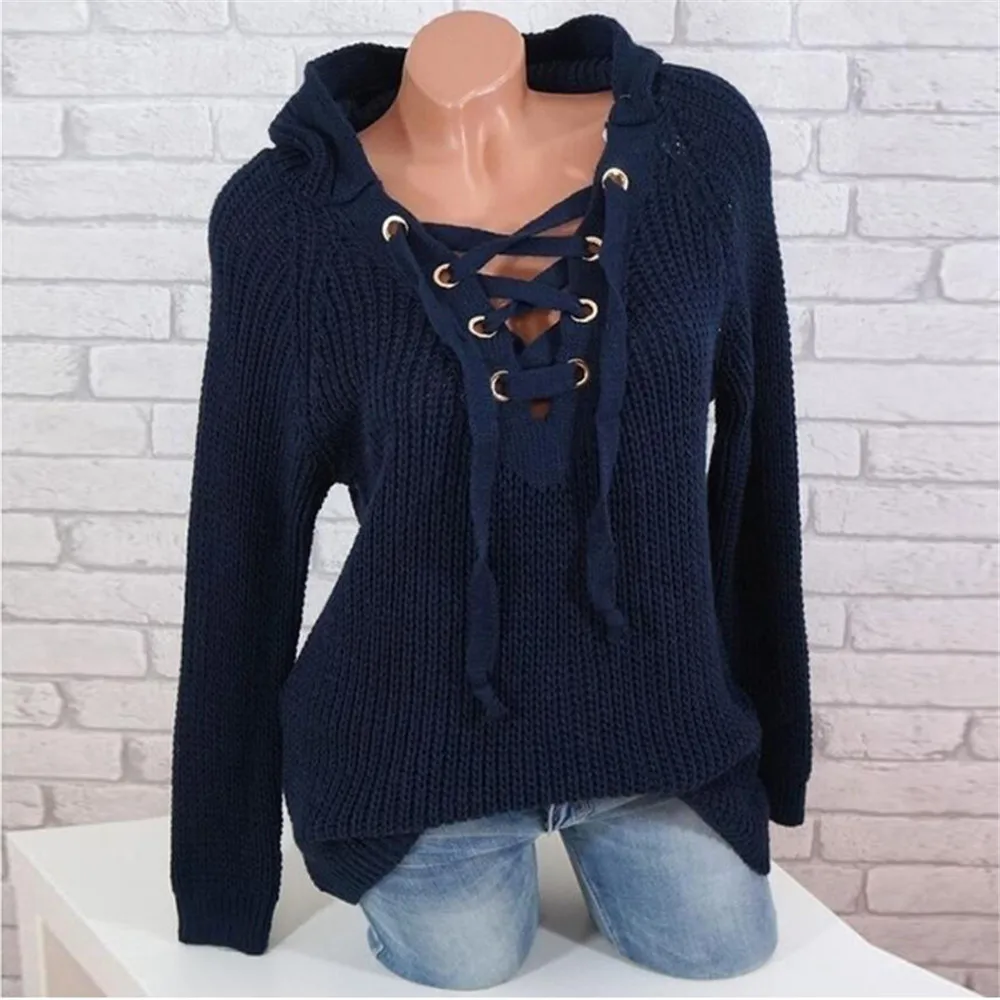 

Sweater Women Bandage Solid Loose Lace Up Knitted Tops Fashion Long Sleeve Sweater Oversized Female